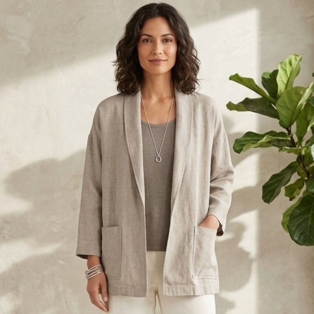 Eileen Fisher Organic Linen Open Front Blazer Jacket Women Petite Medium Beige
